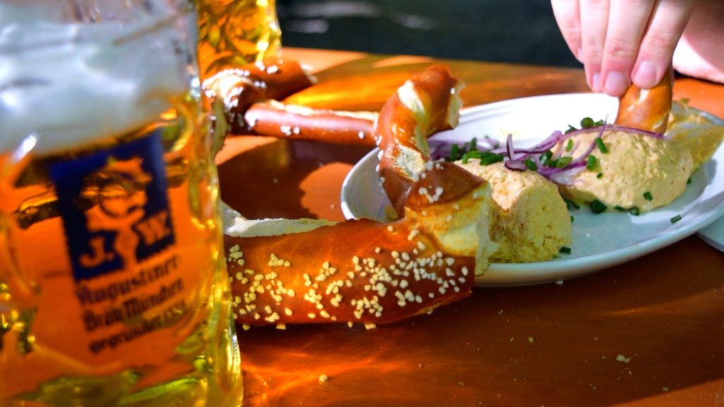 Cheese (obatzda), beer (bier), and pretzels (brezen) at Augstiner Keller Biergarten