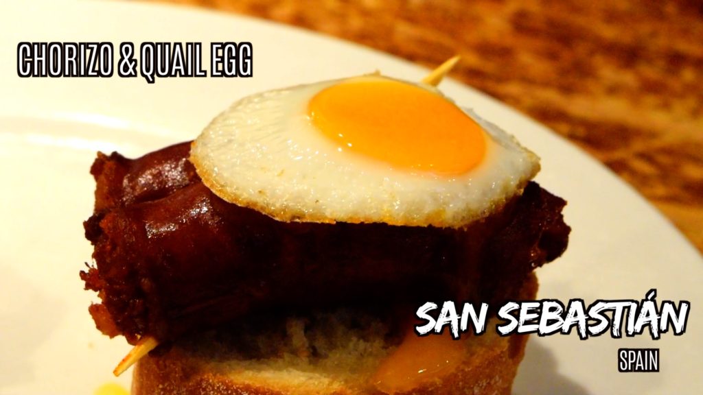 Chorizo with quail egg is a classic pintxos in San Sebastian