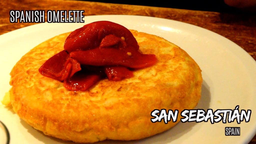 Spanish omelette with roasted red peppers is a popular pintxos in San Sebastian