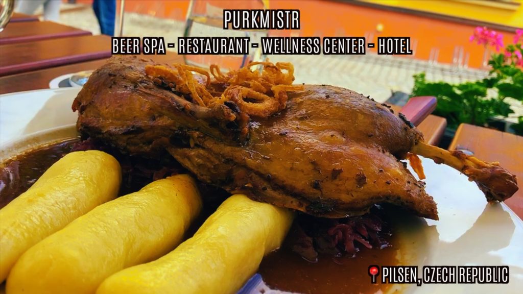 Roast chicken and potatoes at Purkmistr in Pilsen, Czech Republic