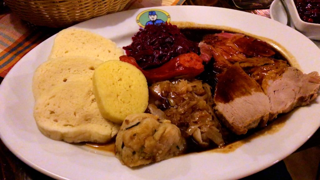 Czech food is hearty and usually consists of starch, meat, gravy, and cabbage. A perfect example of a hearty meal!
