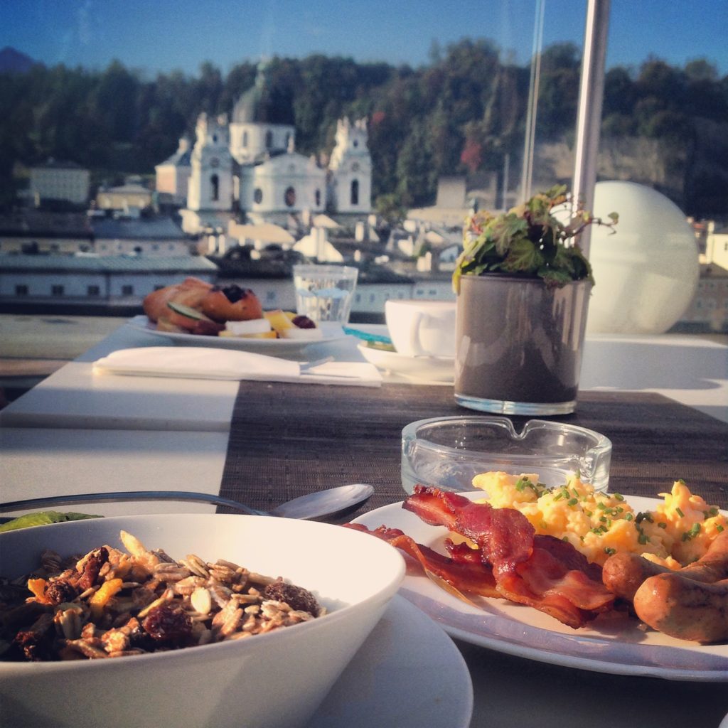 Breakfast at Hotel Stein in Salzburg comes with an amazing view of the city!