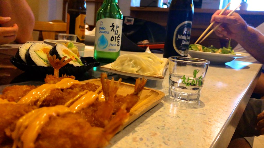 Bab Korean restaurant appetizers including deep fried shrimp and dumplings