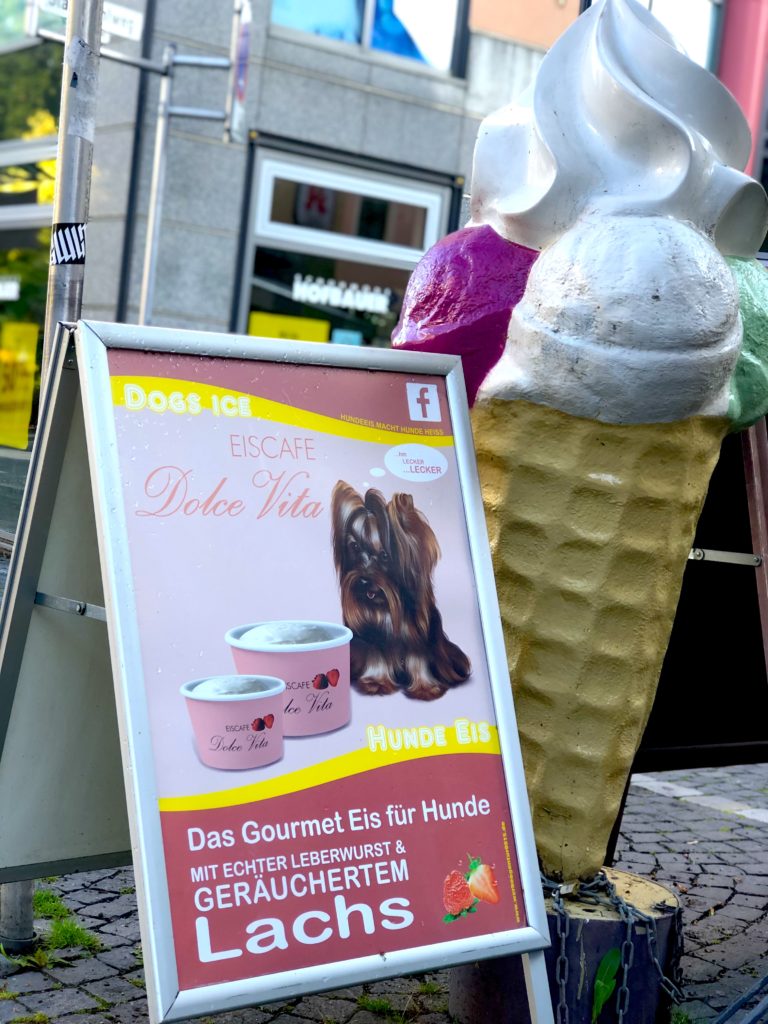 Eiscafe Dolce Vita dog ice sign. Real leberwurst and cooked salmon