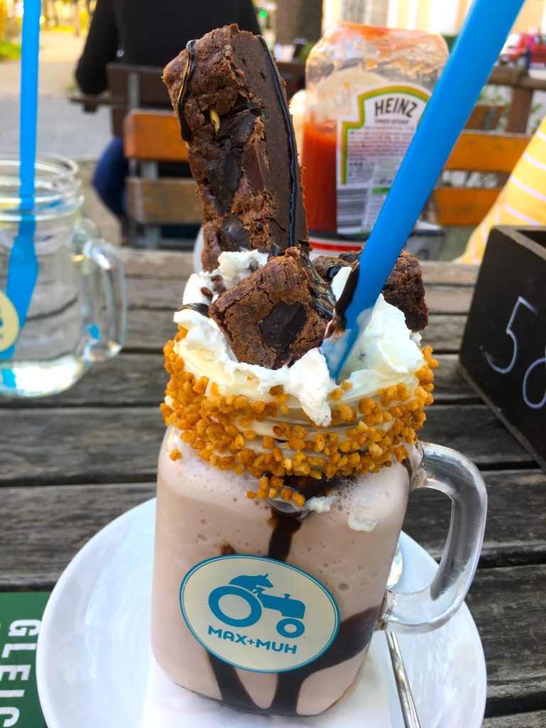 Max + Muh chocolate milkshake with roasted nuts and brownies