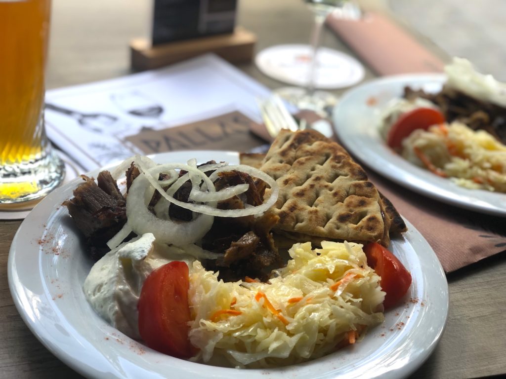 Pallas Gyros plate of food with beer in downtown Weiden