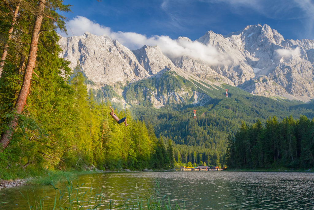 Rope swing on the Eibsee in Garmisch Germany