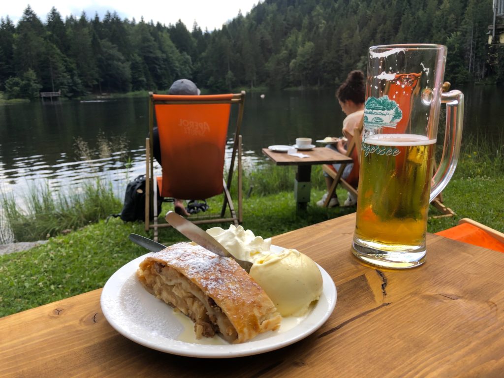 Appel strudel with ice cream and beer on the Pflegersee in Garmisch Germany