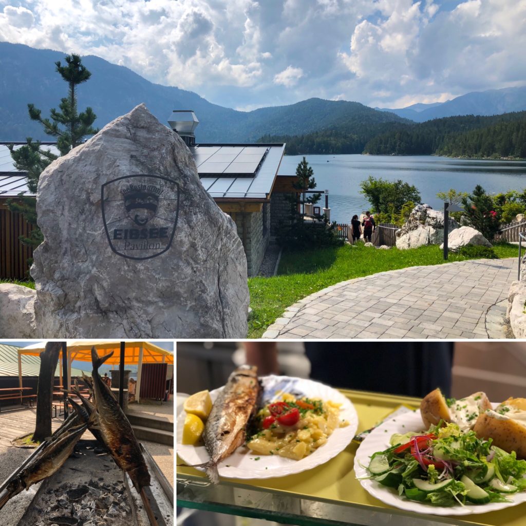 Steckerlfisch and potato salad at the See Restaurant Eibsee Pavillon