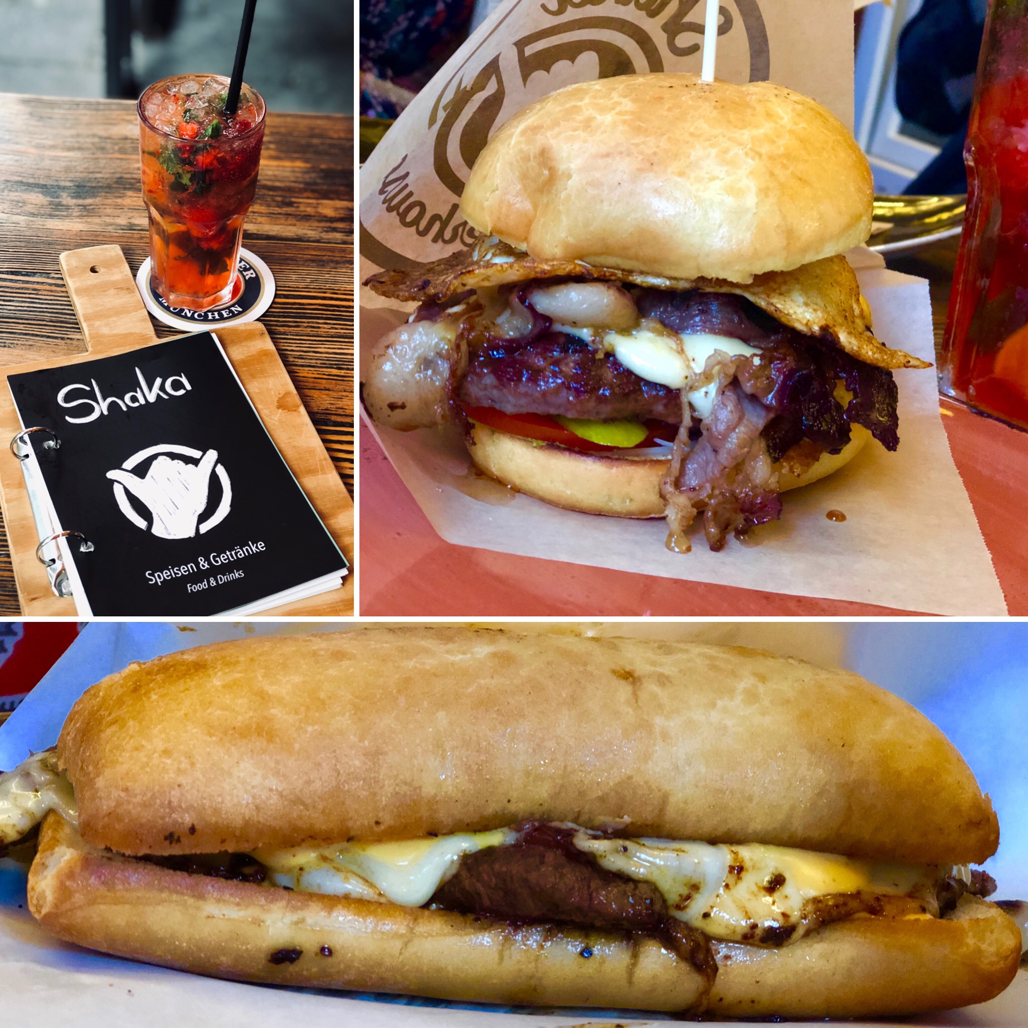 Philly cheese steak sandwich, and bacon cheese burger at Shaka in Garmisch Germany