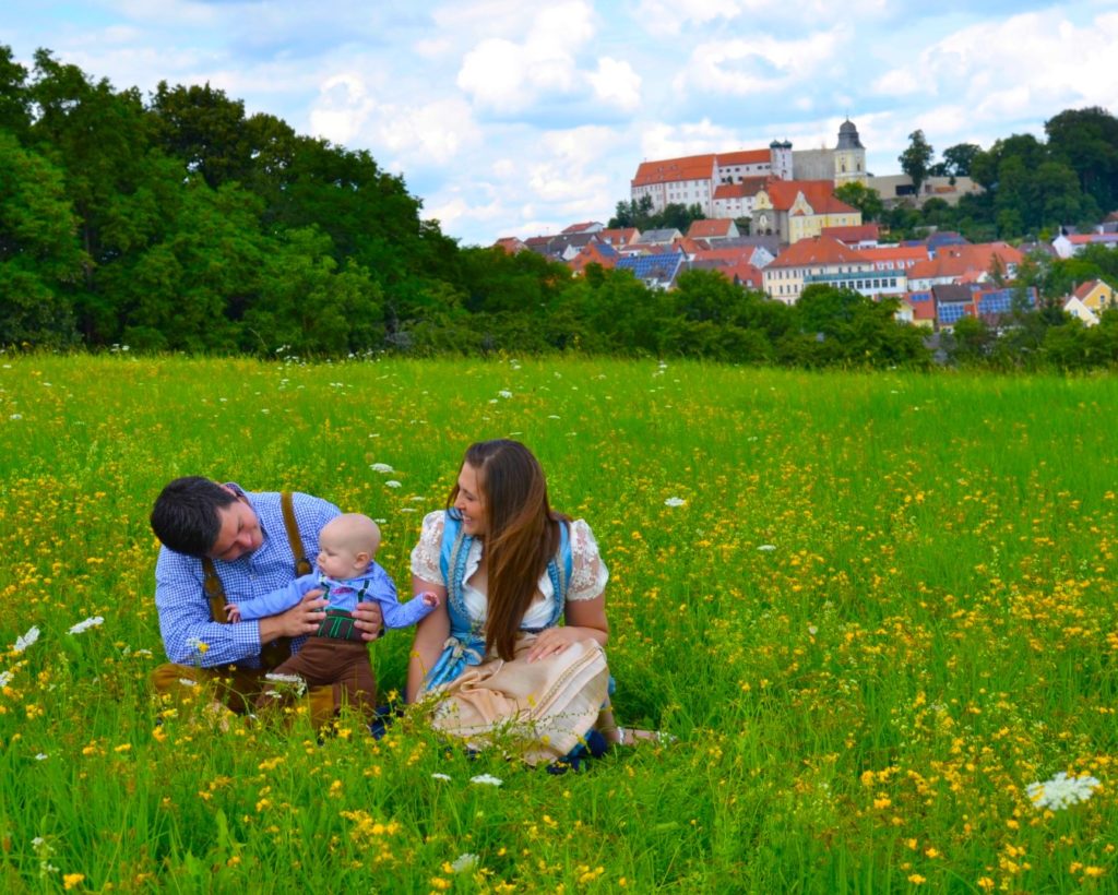 Family photo in Bavarian costumes in the village of Parsberg Germany