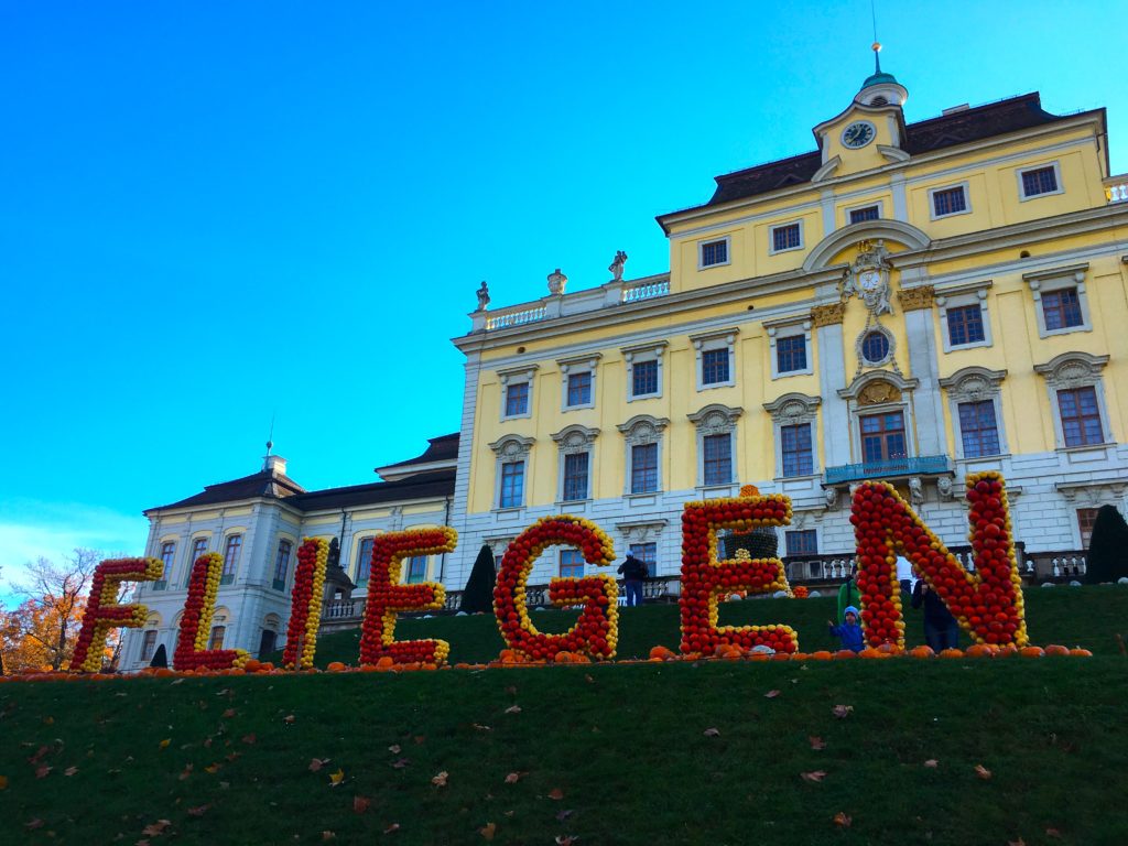 The word "Fliegen" written in pumpkins behind the Ludwigsburg palace