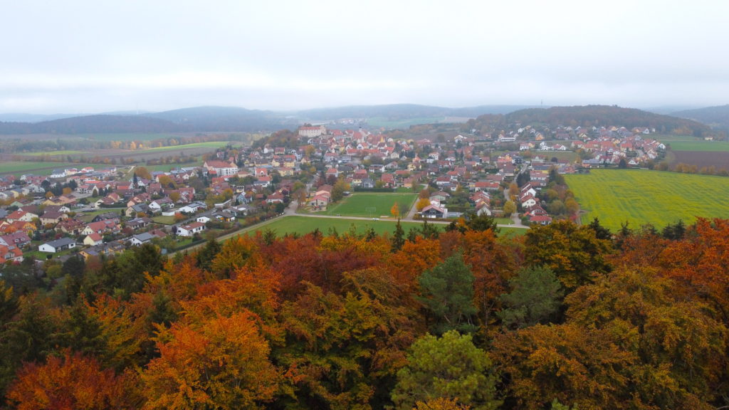 Aerial view of Burg Lupburg and the city of Lupburg Germany