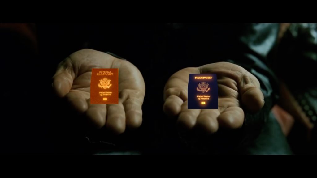 Holding a Red Official Passport and a No Fee Blue Passport in each hand
