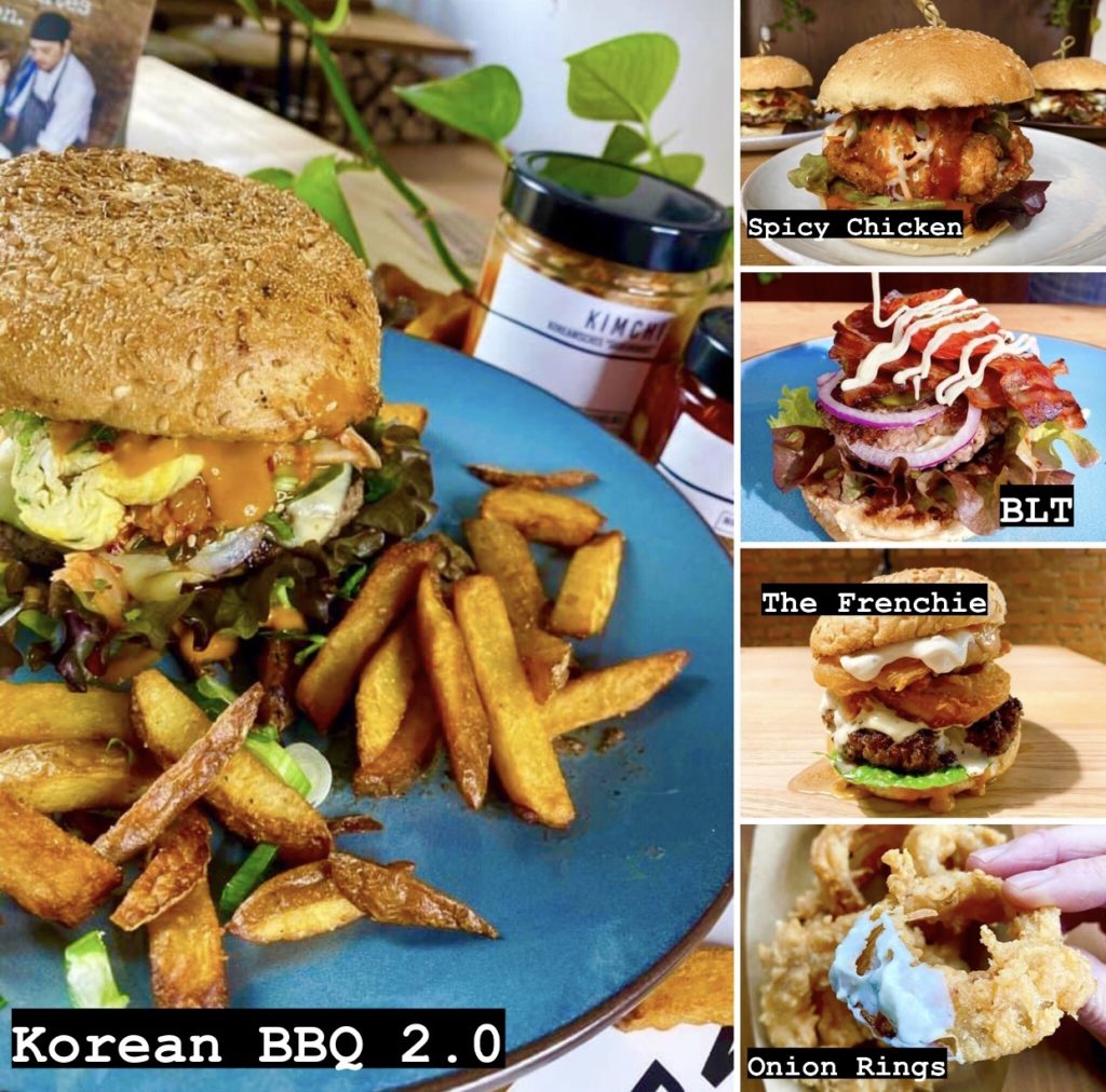 Korean BBQ 2.0 burger, Spicy chicken burger, BLT, Frenchie burger, and onion rings at nina & velja's kitchen in weiden