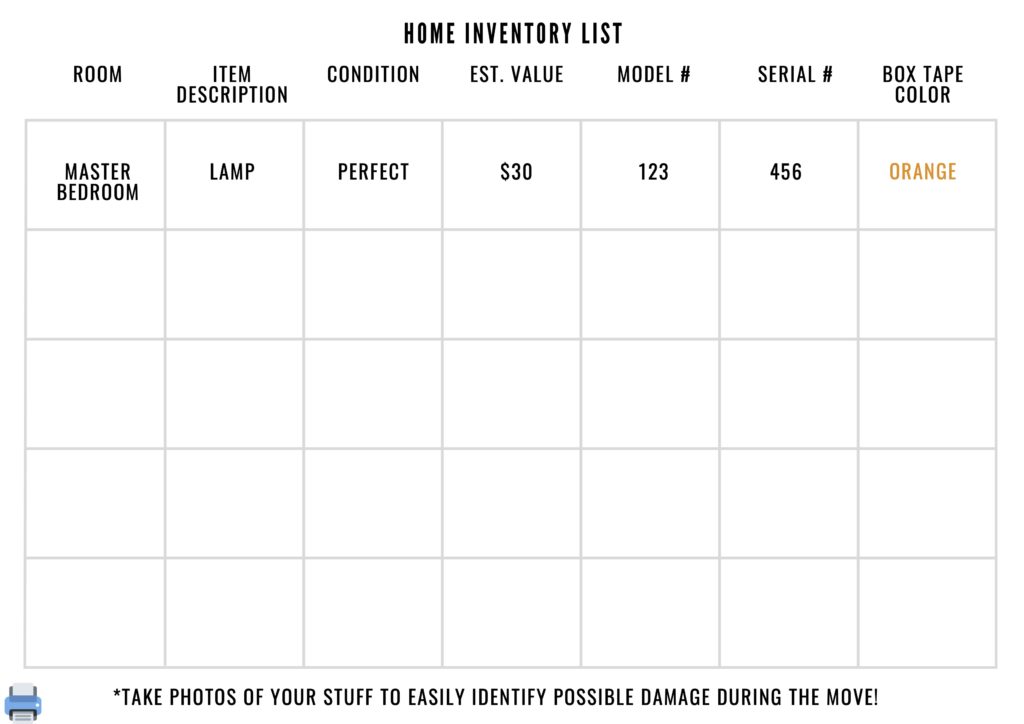 home inventory list for household goods