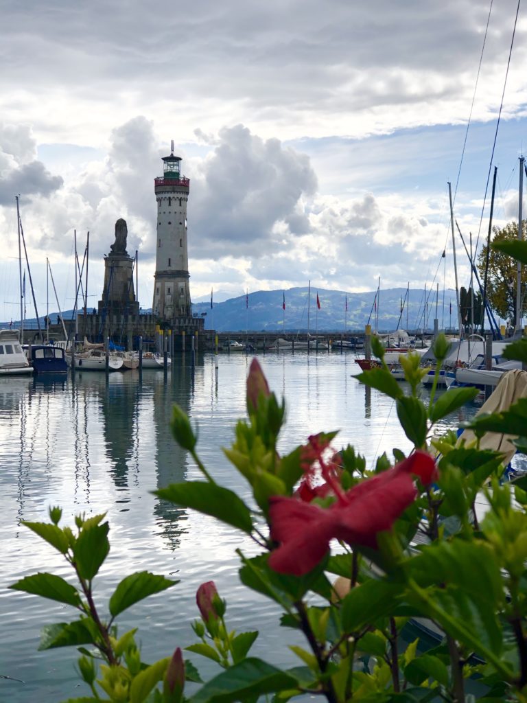 Lindau harbor with bavarian lion and lighthouse