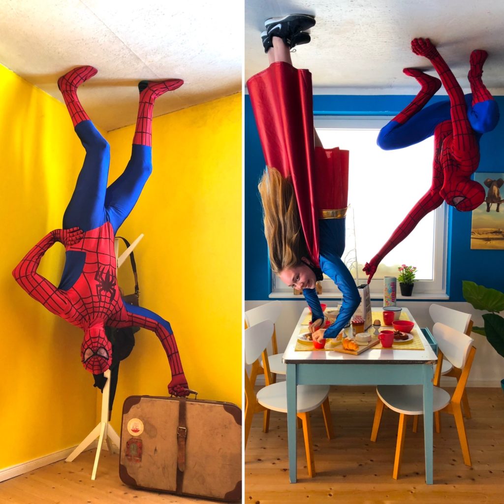 spider man and super woman upside down house