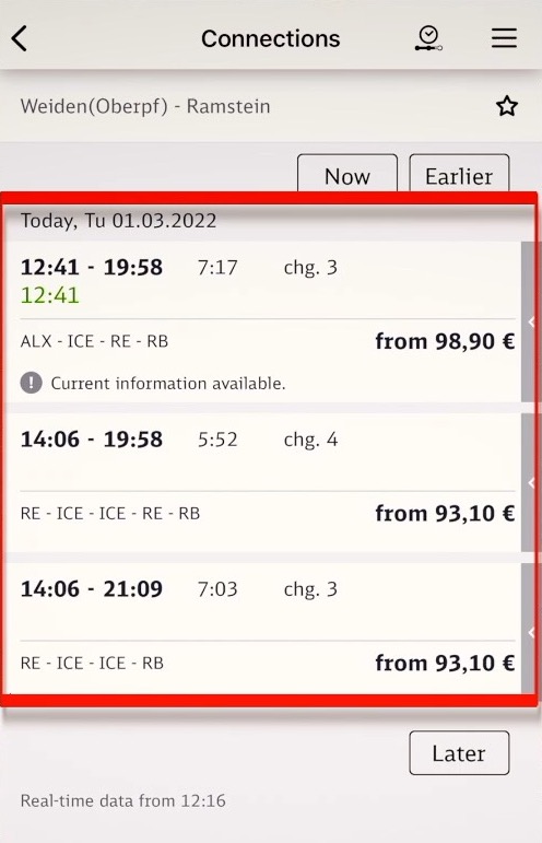 Train travel in Germany timetable Weiden to Ramstein