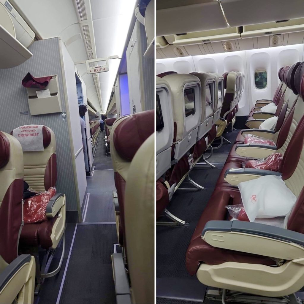 two photos of seats inside the patriot express flight
