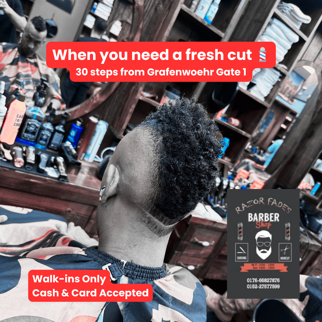 Fresh fade haircut at Razor Fades Barber Shop near Grafenwoehr Gate 1, walk-in barbershop serving U.S. military community