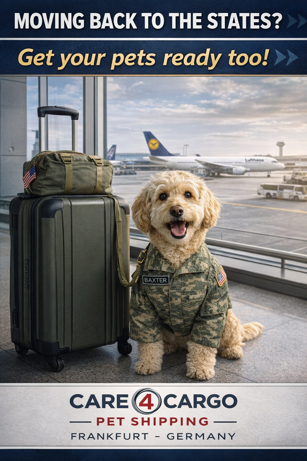 Baxter at the Frankfurt Airport - Moving back to the United States with Care 4 Cargo Pet Shipping