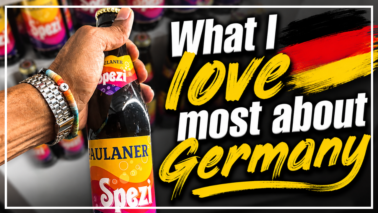 American military member holding a Paulaner Spezi soda in Germany with text reading “Top 10 Things I Love About Living in Germany,” highlighting German culture, food, and life overseas for U.S. military families stationed in Germany.