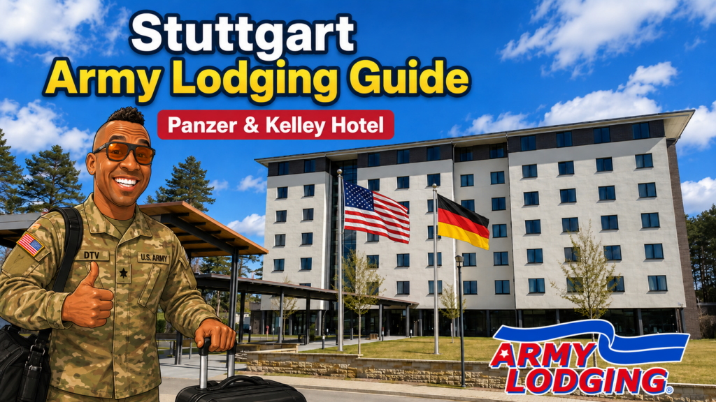 Stuttgart Army Lodging in Germany featuring a smiling U.S. Army soldier with glasses and luggage standing in front of the Panzer Hotel in Stuttgart. The image includes American and German flags, a bright blue sky, the Army lodging logo, and bold text reading “Stuttgart Army Lodging Guide – Panzer & Kelley Hotel.”